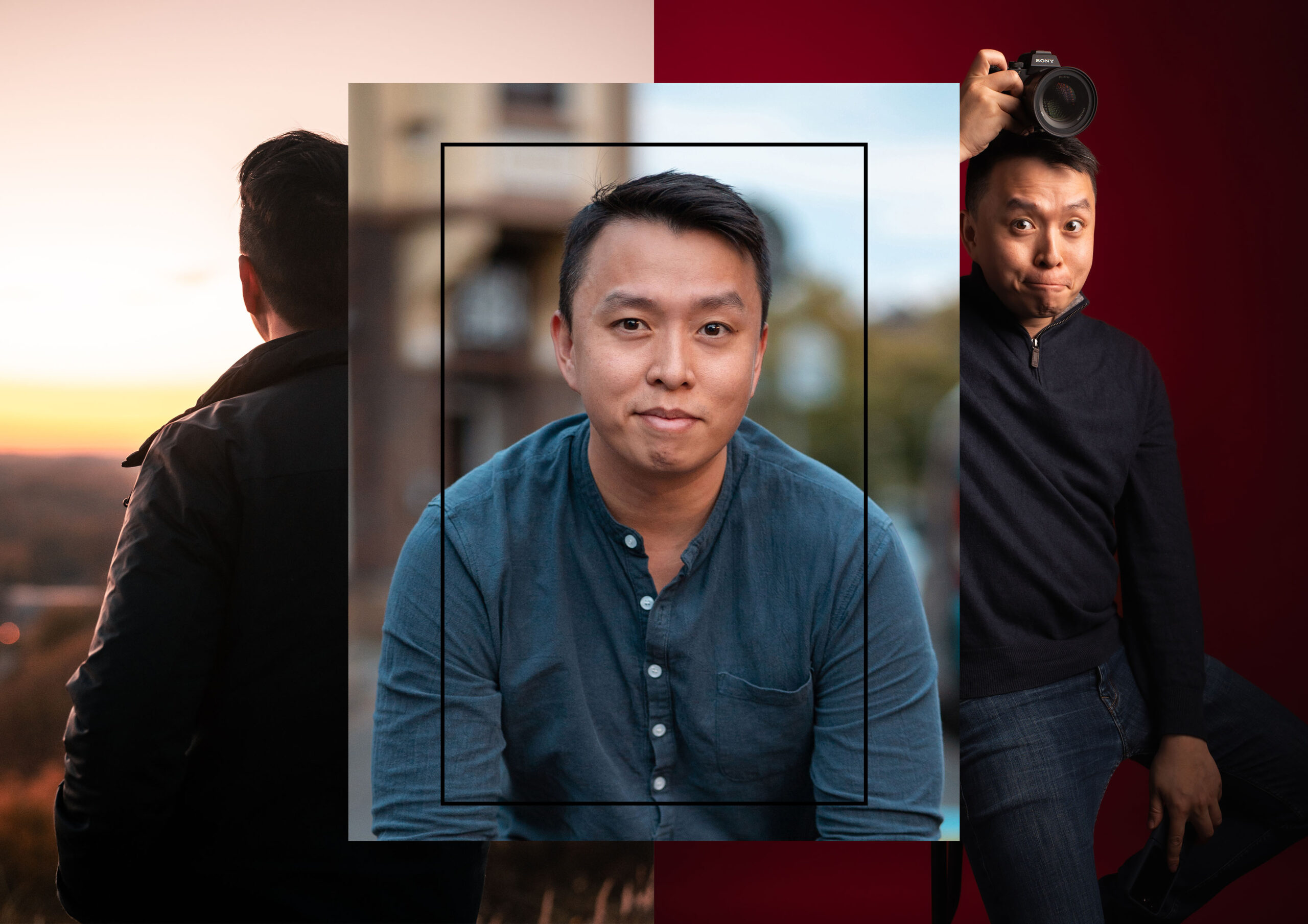 Kreatives Porträt-Shooting: Du siehst einen modernen Fotografen in drei Facetten – entspannt im Sonnenuntergang, authentisch im urbanen Alltag und humorvoll mit Kamera, perfekt für dein individuelles Business-Porträt zwischen Natur und Großstadtflair.